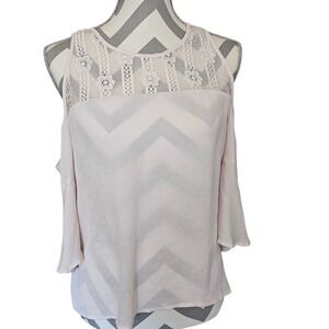 Bongo Womens Blush Pink Cold Shoulder Lace Yoke Bell Sleeve Blouse Top L